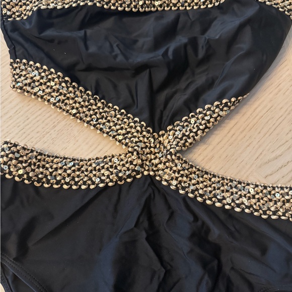 Black One-Piece Bandeau Swimsuit with Gold Sequin Trim - Picture 2 of 2